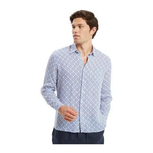 Peninsula , Mediterranean Tile Print Linen Shirt ,Blue male, Sizes: