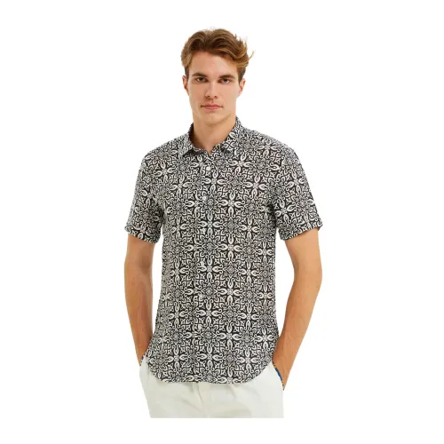 Peninsula , Mediterranean Tile Print Linen Shirt ,Multicolor male, Sizes: