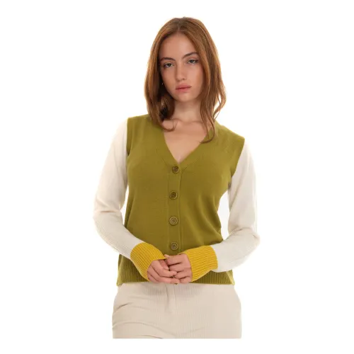 Pennyblack , Bicolored Wool Cardigan with Button Closure ,Green female, Sizes: