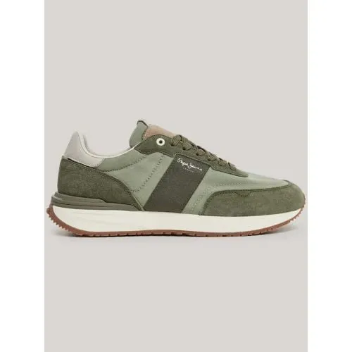 Pepe Jeans Mens Khaki Green Buster Tape Trainer