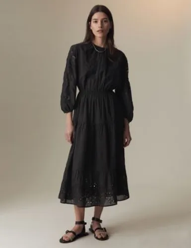 Per Una Womens Cotton Rich Embroidered Midi Waisted Dress - 6REG - Black, Black