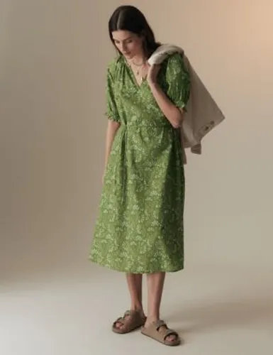 Per Una Womens Pure Cotton Printed Midi Smock Dress - 6SHT - Green Mix, Green Mix,Ecru Mix