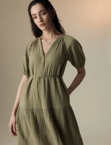 Per Una Womens Pure Cotton Textured Notch Neck Tiered Dress - 6SHT - Light Khaki, Light Khaki,Dark Turquoise
