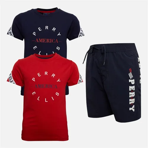 Perry Ellis Boys Two Pack T-Shirt And Shorts Set Goji Berry/Naval Academy/Navy
