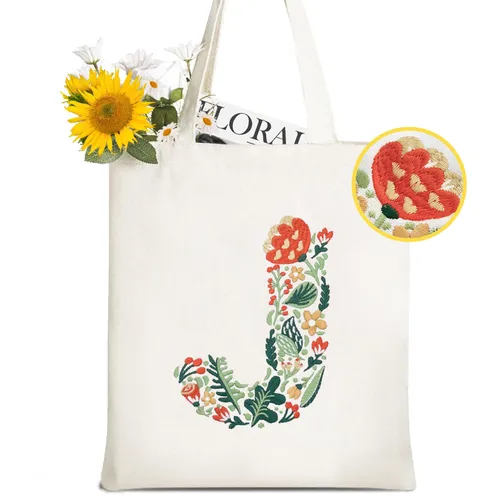 Personalized Initial Tote Bag Embroidery Letter Flower