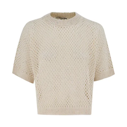Peserico , Cotton Rib Knit Short Sleeve Sweater ,Beige female, Sizes:
