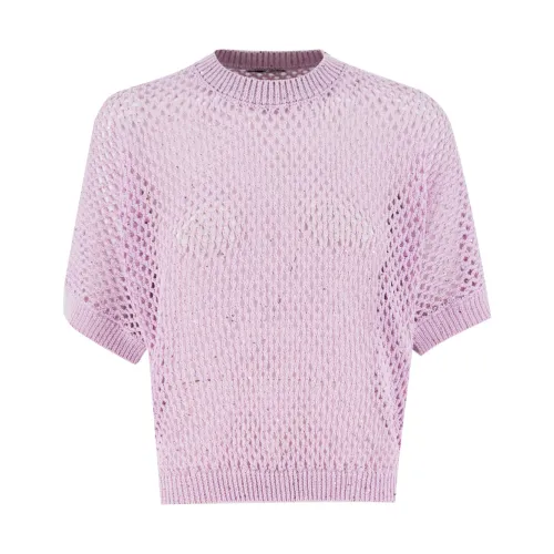 Peserico , Cotton Rib Knit Short Sleeve Sweater ,Purple female, Sizes: