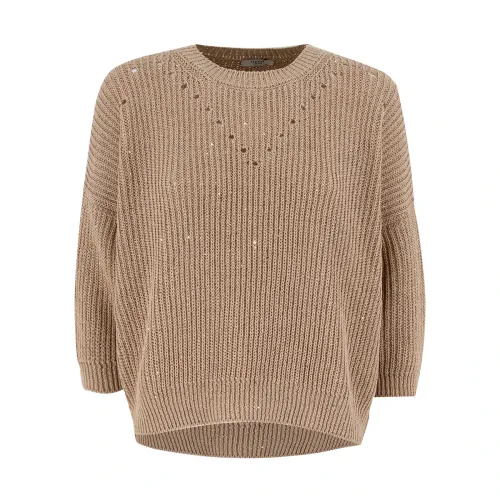 Peserico , Elegant Cotton Sweater with Micro Paillettes ,Brown female, Sizes: