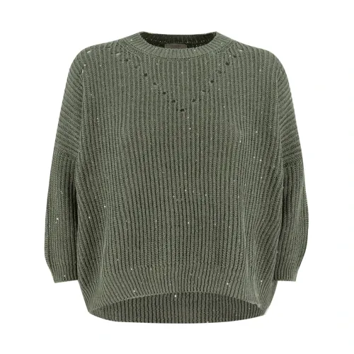 Peserico , Elegant Cotton Sweater with Micro Paillettes ,Green female, Sizes: