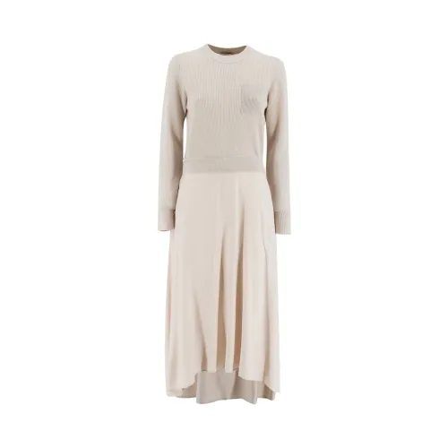 Peserico , Round Neck Wool Silk Cashmere Dress ,White female, Sizes: