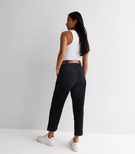 Petite Black Cotton Belted Crop Trousers New Look