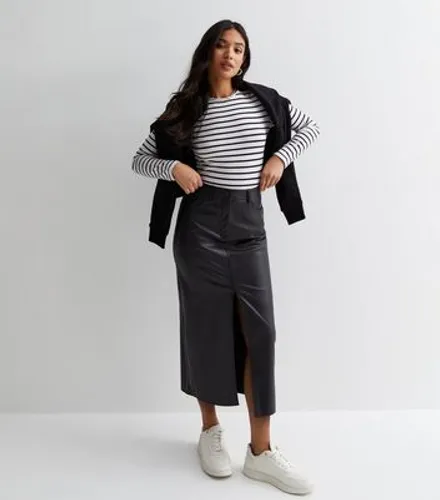 Petite Black Leather-Look Coated Split Hem Midi Skirt New Look