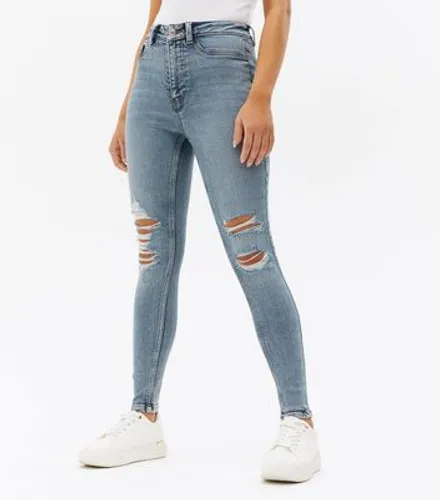 Petite Blue Ripped Knee High Waist Hallie Super Skinny Jeans New Look