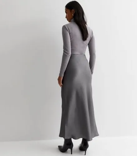Petite Dark Grey Satin Bias Cut Midi Skirt New Look