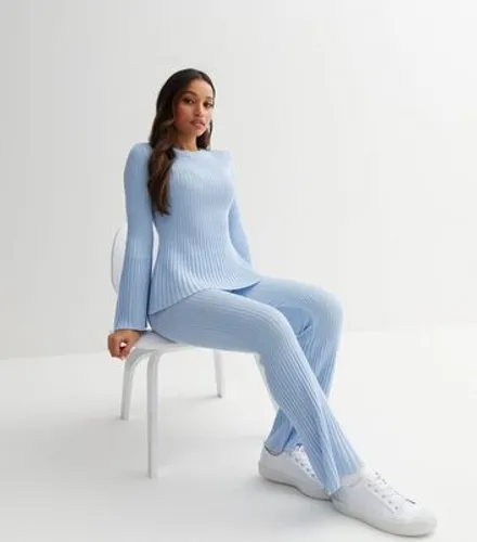 Petite Pale Blue Ribbed Knit Flared Trousers New Look