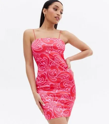 Petite Pink Doodle Print Satin Strappy Bodycon Mini Dress New Look
