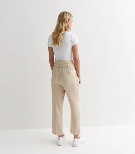 Petite Stone Linen-Look Paperbag Trousers New Look
