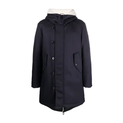 Peuterey , Blue Button-Up Padded Hooded Coat ,Blue male, Sizes: