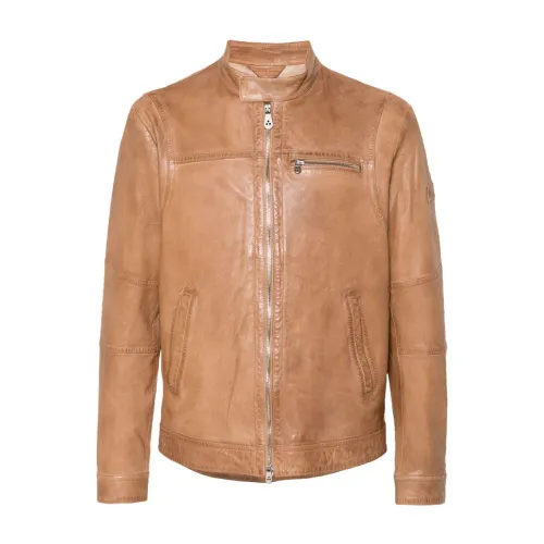Peuterey , Brown Leather Jacket with Stand-up Collar ,Brown male, Sizes: