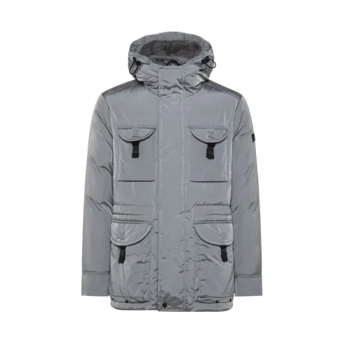 Peuterey , Grey Iridescent Taffeta Jacket with Detachable Fur Collar ,Gray male, Sizes: