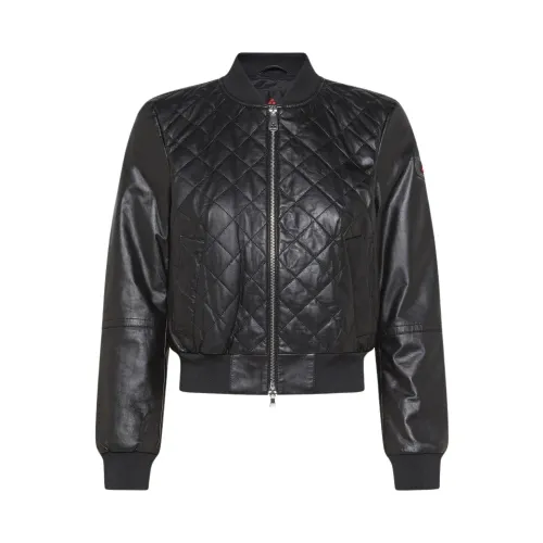 Peuterey , Short Bomber Leather Coat with Quilted Diamond Pattern ,Black female, Sizes: