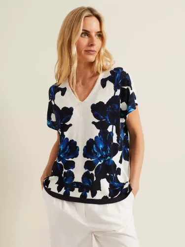 Phase Eight Mia Floral Linen Blend Top, Navy/Ivory - Navy/Ivory - Female