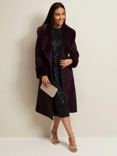 Phase Eight Petite Zylah Wool Blend Faux Fur Collar Smart Coat, Burgundy - Burgundy - Female