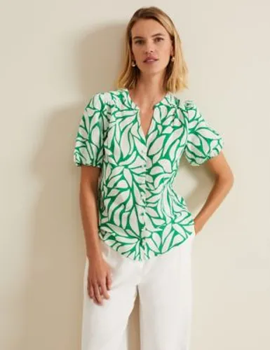 Phase Eight Womens Linen Blend Printed V-Neck Shirt - 14 - Green, Green