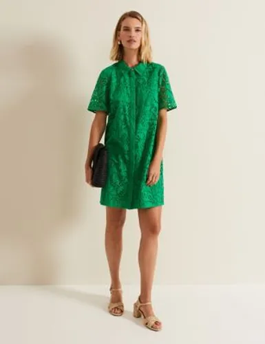 Phase Eight Womens Pure Cotton Broderie Mini Swing Shirt Dress - 8 - Green, Green
