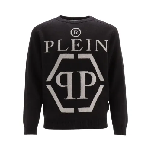 Philipp Plein , Crewneck Sweater with Long Sleeve and Maxi Logo ,Black male, Sizes: