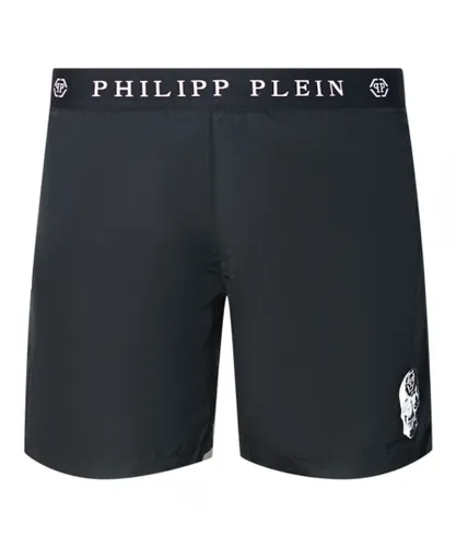 Philipp Plein Mens Branded Waistband Black Swim Shorts