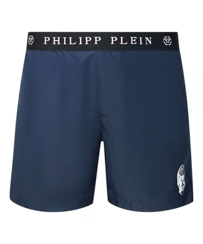 Philipp Plein Mens Branded Waistband Navy Swim Shorts - Blue