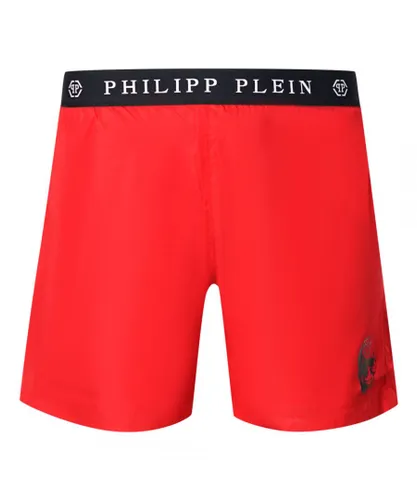 Philipp Plein Mens Branded Waistband Red Swim Shorts