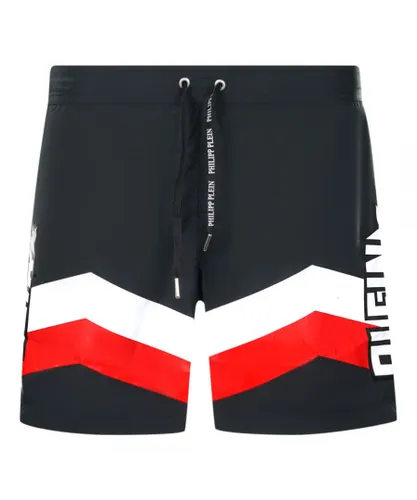 Philipp Plein Mens Diag Logo Long Black Swim Shorts