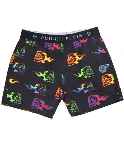 Philipp Plein Mens Flaming Skulls Black Swim Shorts