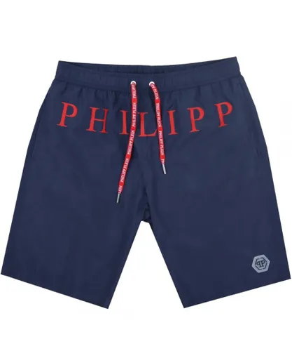 Philipp Plein Mens Red Brand Logo Navy Blue Swim Shorts