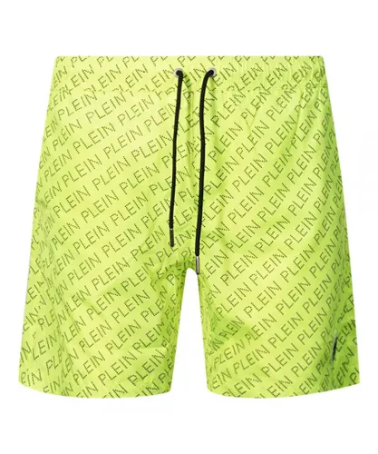 Philipp Plein Mens Repetitive Logo Fluorescent Yellow Swim Shorts