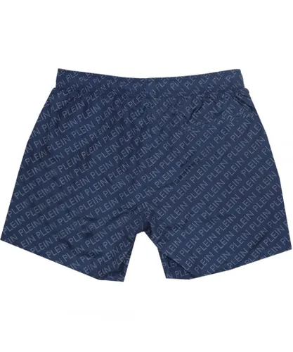 Philipp Plein Mens Repetitive Logo Navy Blue Swim Shorts