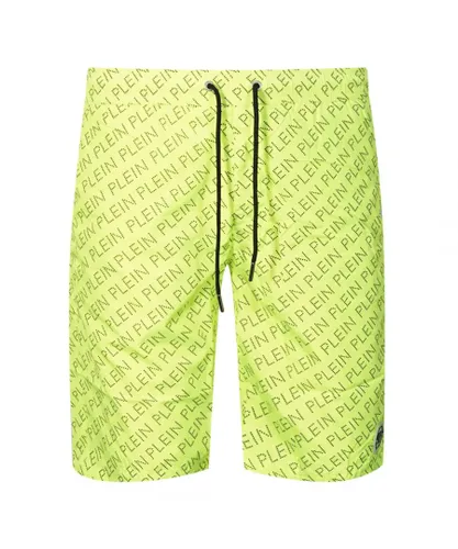 Philipp Plein Mens Repetitive Long Logo Fluorescent Yellow Swim Shorts