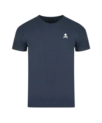 Philipp Plein Mens Skull And Crossbones Logo Navy V-Neck T-Shirt - Blue Cotton