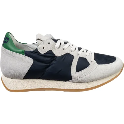 Philippe Model , Gray Suede and Blue Fabric Low Top Sneakers with Green Detail ,Gray female, Sizes: