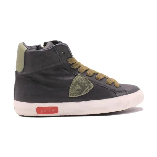 Philippe Model , High Top Leather Sneakers with Green Leather Back ,Gray male, Sizes: