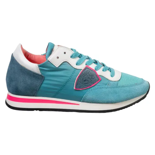 Philippe Model , Suede and Fabric Low Sneakers with White and Pink Details ,Blue female, Sizes: