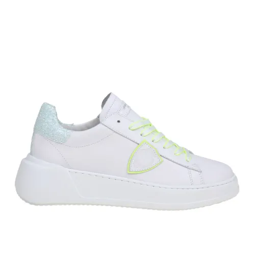 Philippe Model , White Leather Sneakers with Glitter Heel ,White female, Sizes: