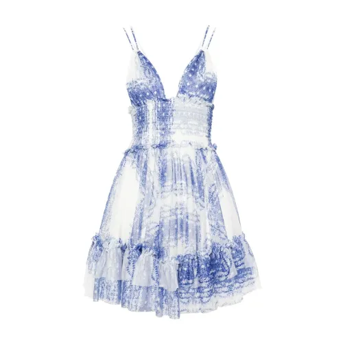 Philosophy di Lorenzo Serafini , Floral Print A-Line Dress with Ruffle Hem ,Blue female, Sizes: