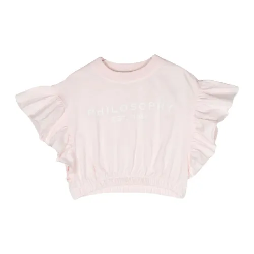 Philosophy di Lorenzo Serafini , Pink Philosophy Kids Cropped T-shirt with Ruffled Sleeves ,Pink female, Sizes: