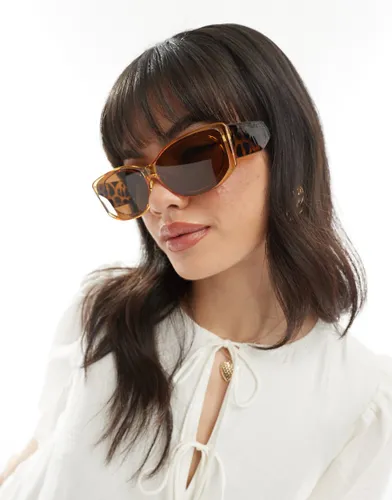 Pieces clear frame mixed print sunglasses with tortoiseshell chunky arms-Brown