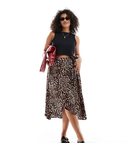 Pieces Curve wrap midi skirt in leopard print-Multi