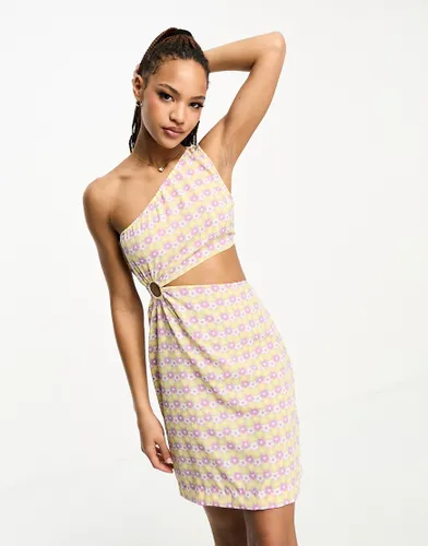 Pieces exclusive one shoulder cut out mini dress in lilac & yellow retro floral-Multi