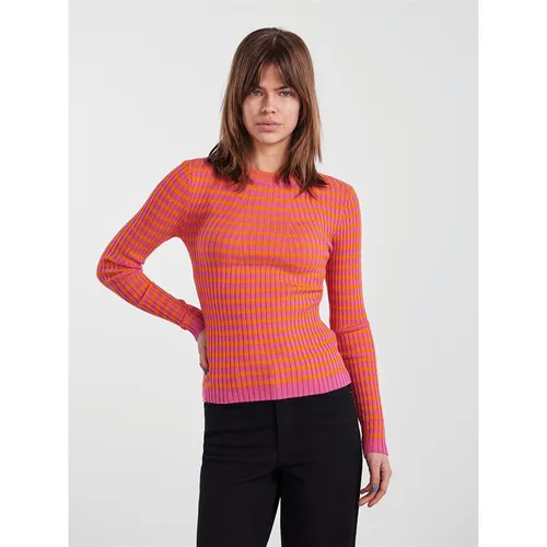 Pieces Womens Crista O Neck Knitted Jumper Persimmon Orange/Shocking Pink